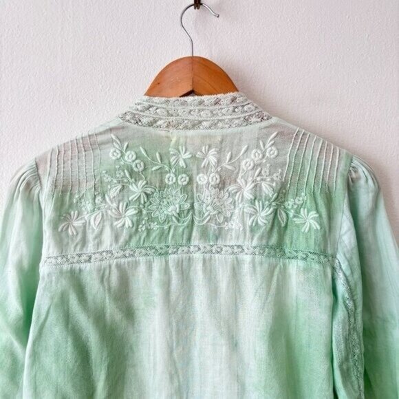 LoveShackFancy Ronda Embroidered Lace Trim Blouse in Jade Mist Hand Dye - Picture 10 of 11
